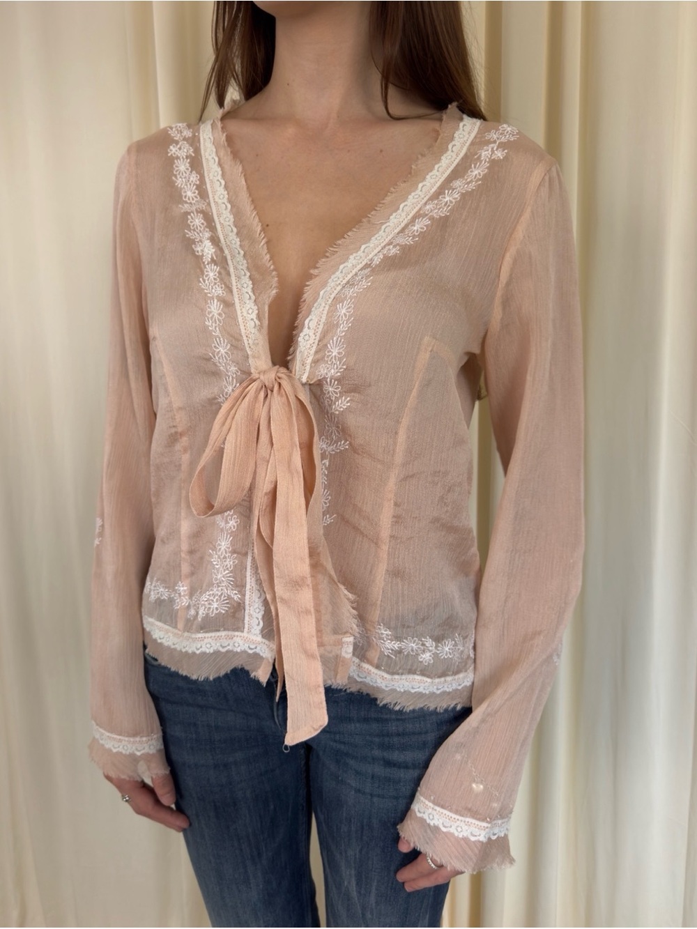 Sheer Pink Tie-Front Lace Trim Blouse